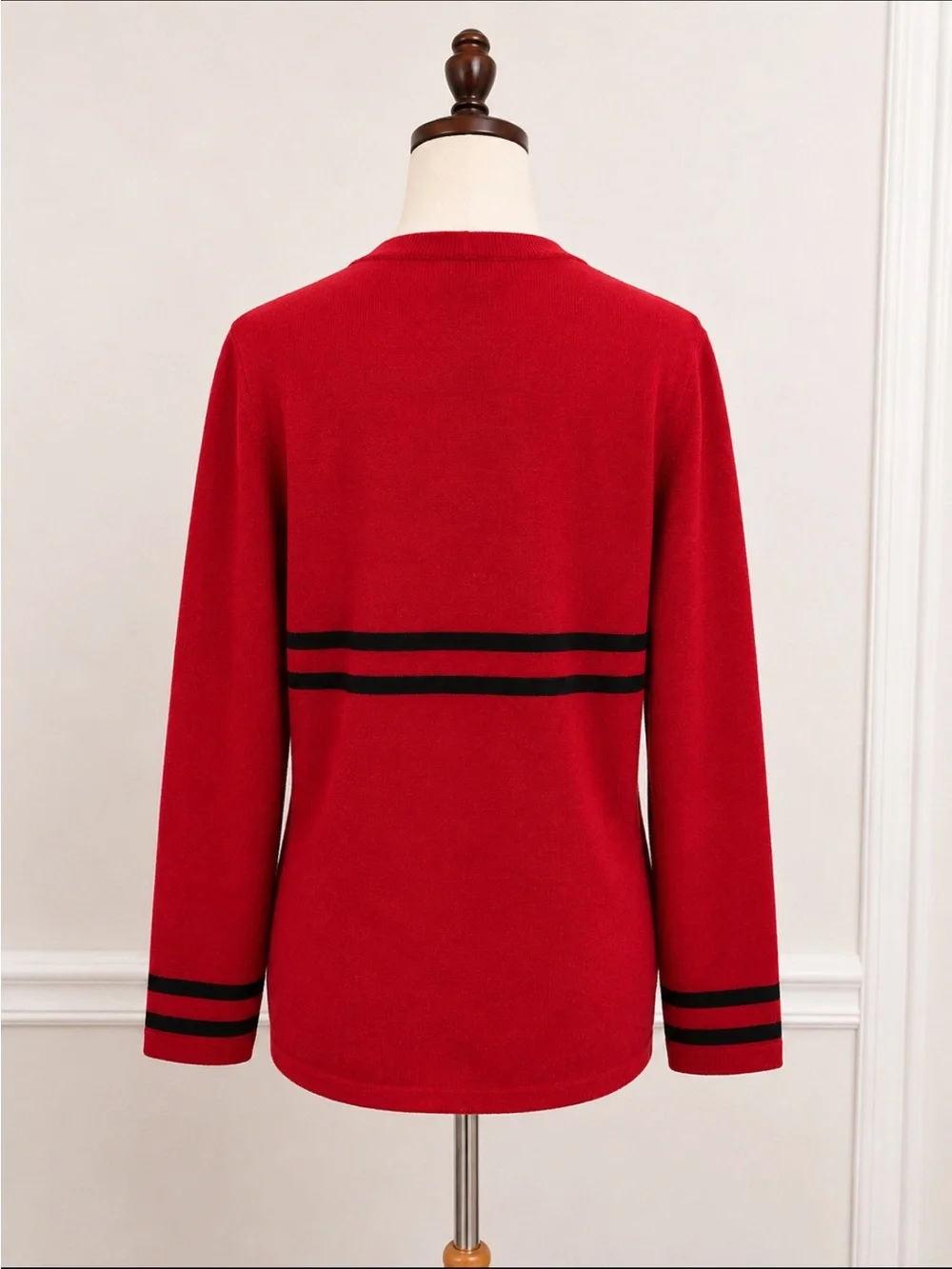 Vintage St. John SJ Knit Red & Black Stripe Bow Cardigan Sweater Size 10